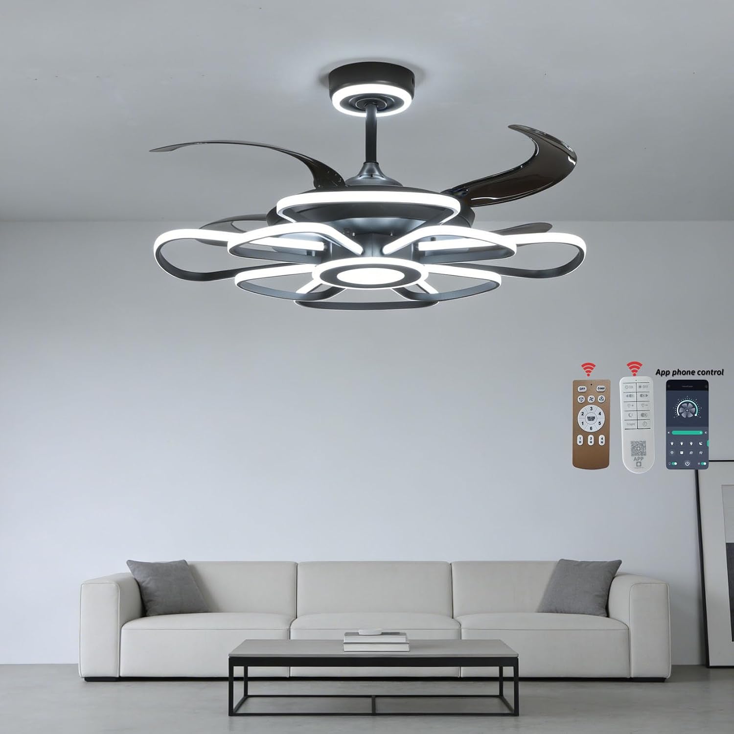 48' Retractable Ceiling Fan with Lights Modern Fandelier Fan Light with Remote Bladeless Fan Ceiling Light for Bedroom Living Room 6 Speed Black (Black RFL25003)