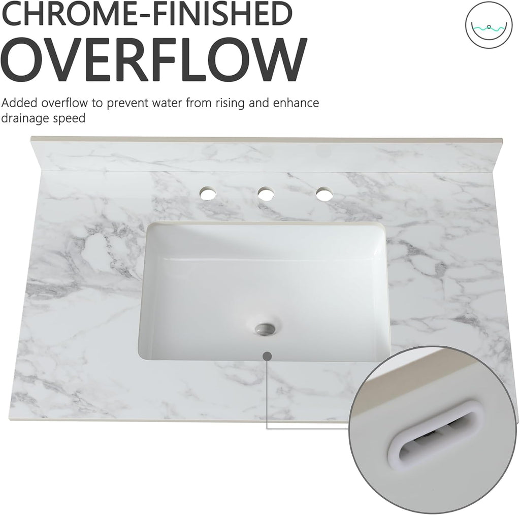 37x22 Marble Bathroom Vanity Top with Sink, Vanity Top with Sink with Pre-drilled Holes and 4' Backsplash, Perfect for Home & Rental Properties