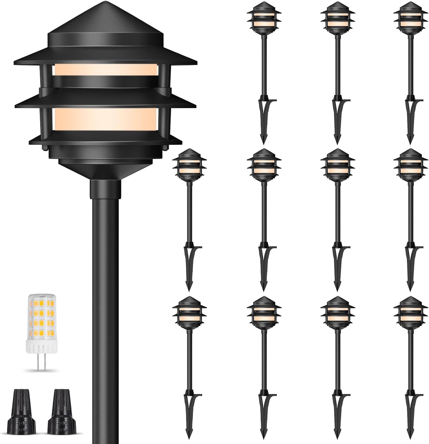 Gardencoin Pagoda Low Voltage Landscape Pathway Lights, 12V Outdoor LED Path Lights Wired, Aluminum Walkway Lighting with 4W 2700K Replaceable G4 Bulb, Classic 3-Tier Lantern, 12 Pack