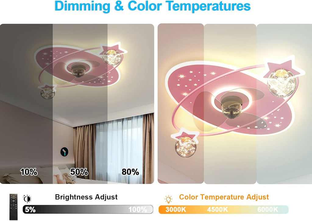 Pink Ceiling Fans with Lights 50W LED Dimmable Ceiling Lighting Remote 6 Speeds Mute Ceiling Fan for Kids Room Girls Bedroom Nursery