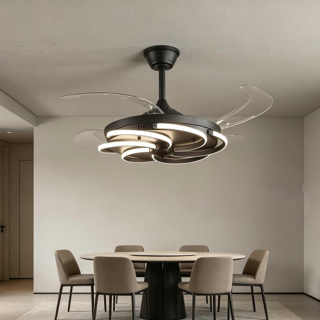 42' Retractable Ceiling Fan with Lights Modern Fandelier Fan Light with Remote Bladeless Fan Ceiling Light for Bedroom Living Room 6 Speed Black (Black RFL25012)