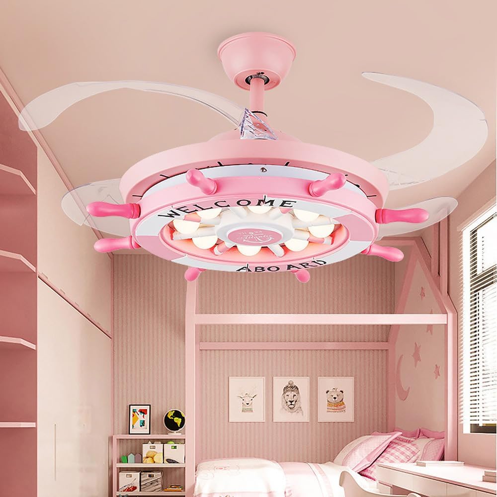 42' Chandelier Ceiling Fans with Lights Kids Nautical Rudder Invisible Ceiling Fan Light with Remote Control Retractable Blades Reversible Ceiling Fan with Light for Boys Girls Bedroom Nurser