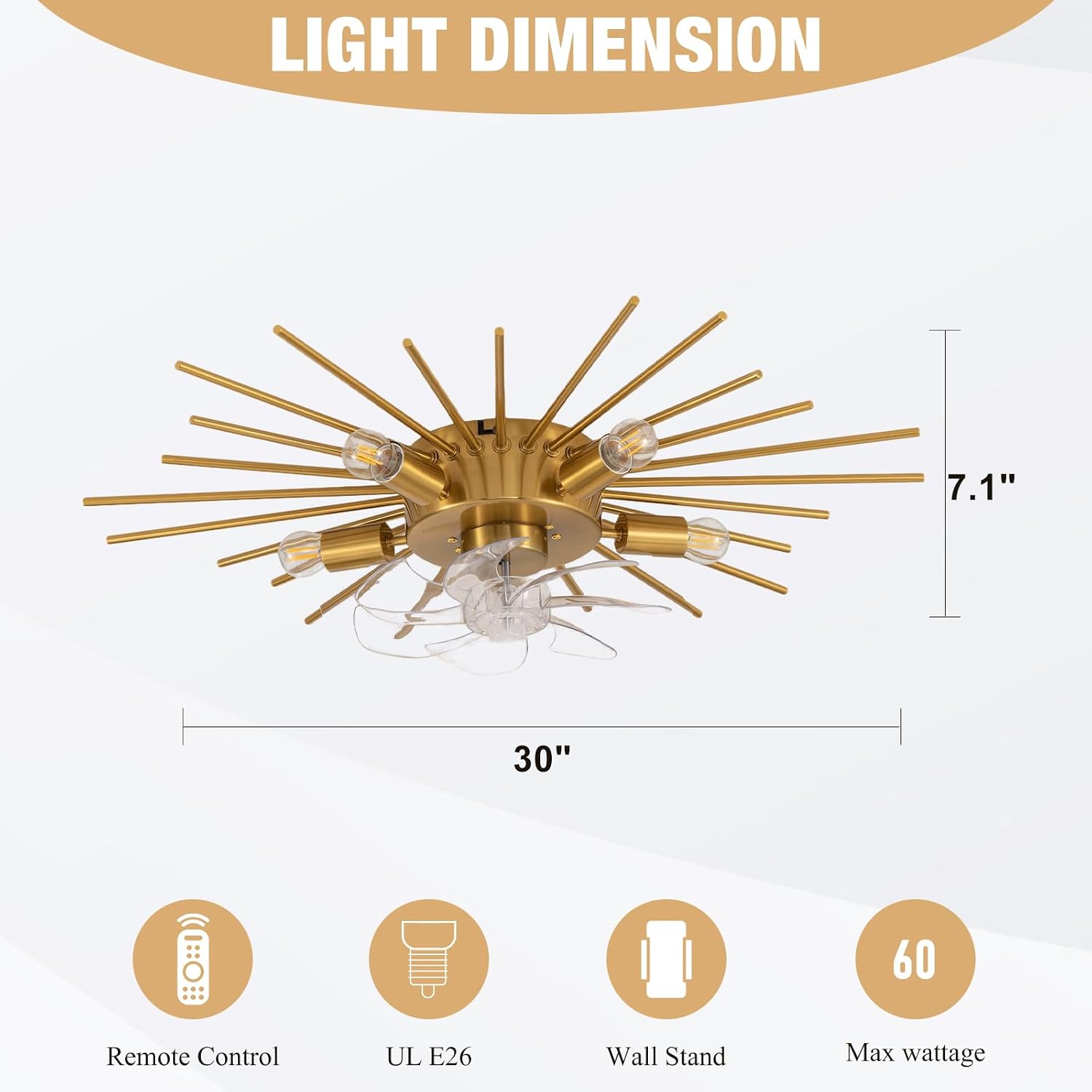 30' Low Profile Flush Mount 5 Light Ceiling Fans with Lights and Remote, Modern Metal Fandelier Ceiling Fan with Light, Farmhouse Gold Ceiling Fan for Bedroom,Living Room,Foyer (6 Speeds,Timing)