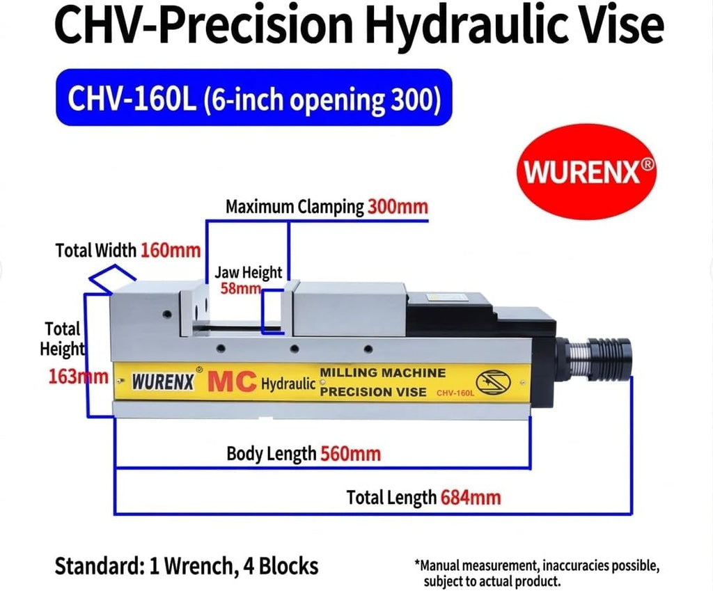 High Precision Hydraulic CNC Machine Vise 4'/5'/6'/8', Heavy Duty Milling Vise for CNC Milling Machine, Hardened Steel Precision Vise for Metalworking Machining (CHV-160L 6inch(Jaw opening 11.81inch))