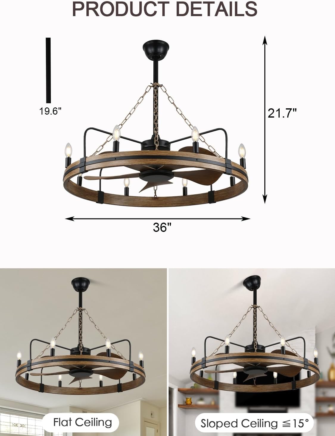 36 Inch Rustic Wagon Wheel Ceiling Fan with Light, 8-Lights Farmhouse Chandelier Ceiling Fans with Quiet Reversible Motor, Bladeless Fandelier Fan with Candle for Living Room Kitchen Bedroom