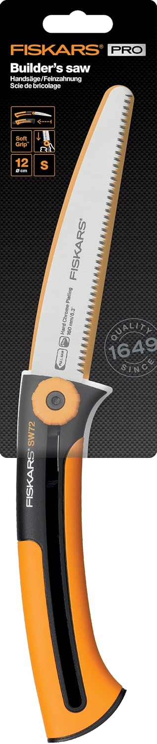 Fiskars Hand Saw for Wooden Strips and Panels, Fine Toothing, Saw Blade Length 16 cm, Retractable, Stainless Steel Saw Blade/Plastic Handle, Black/Orange, Xtract, SW72, 1000612