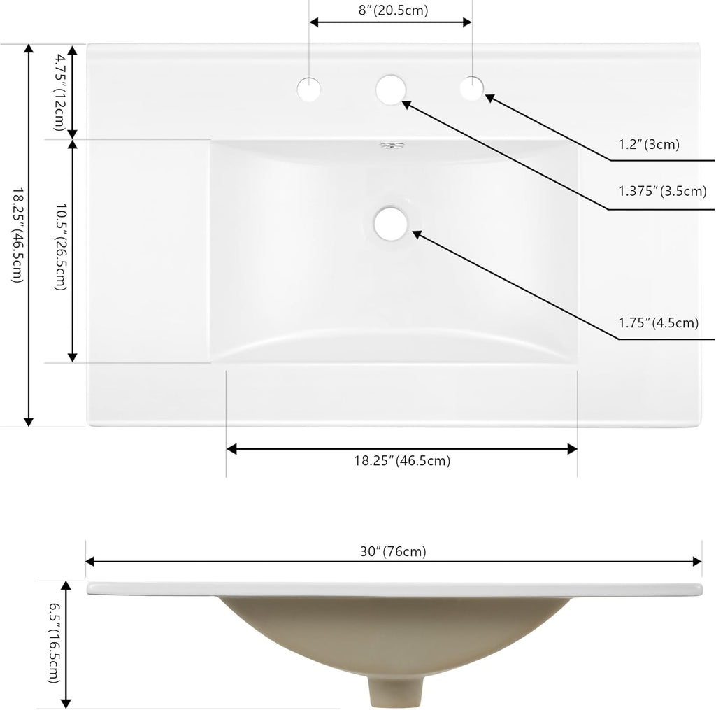 JONATHAN Y Ancillary 30 in. W x 18.25 in. D Ceramic Vanity Sink Top with 3-Hole Rectangular Single Sink Basin, White SNK1002A