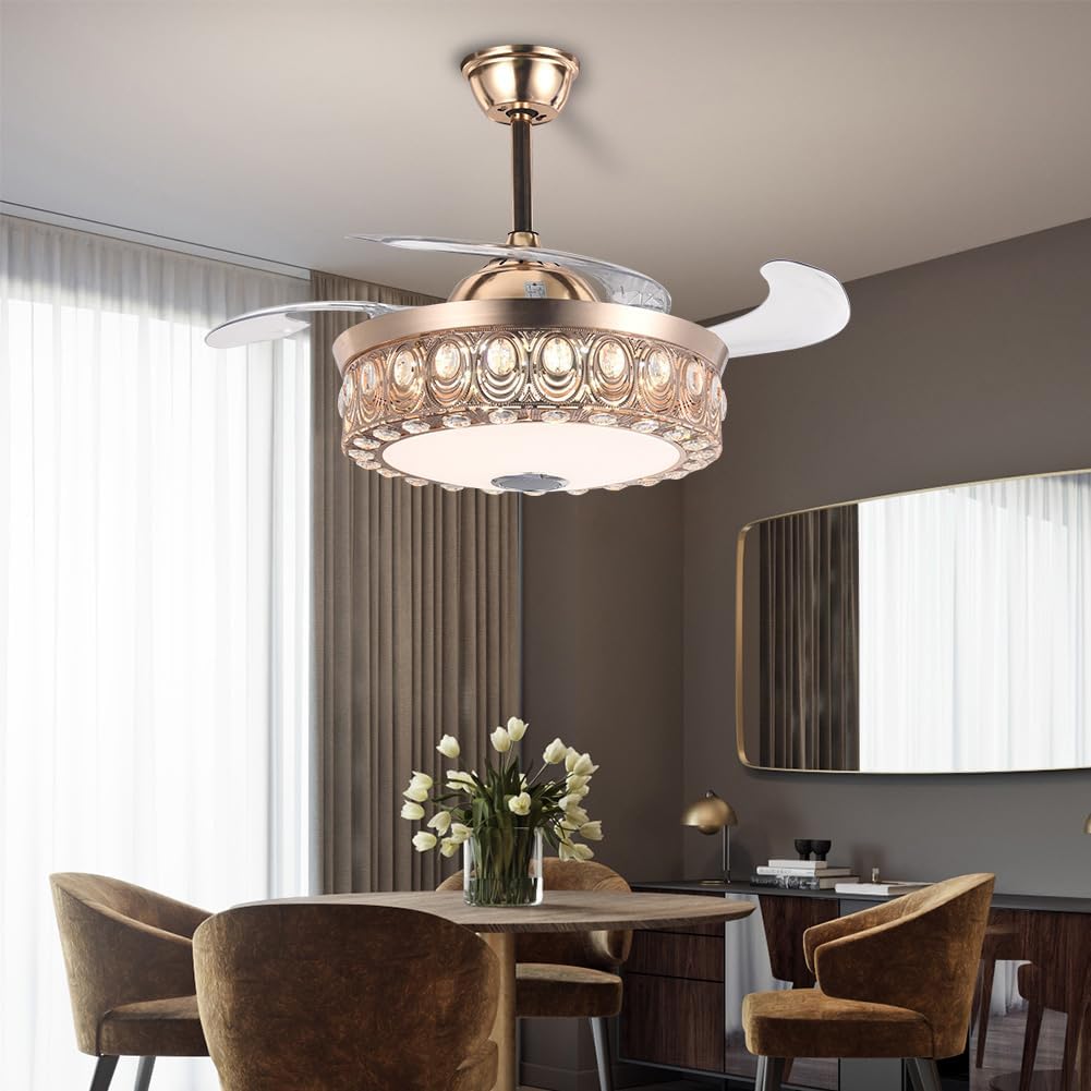 Gold Retractable Ceiling Fan with Lights and APP Remote RGB Colorful Changing Crystal Chandelier Bluetooth Ceiling Fan Music Player 3 Speeds Smart Fandelier Ceiling Fan Lighting Fixture