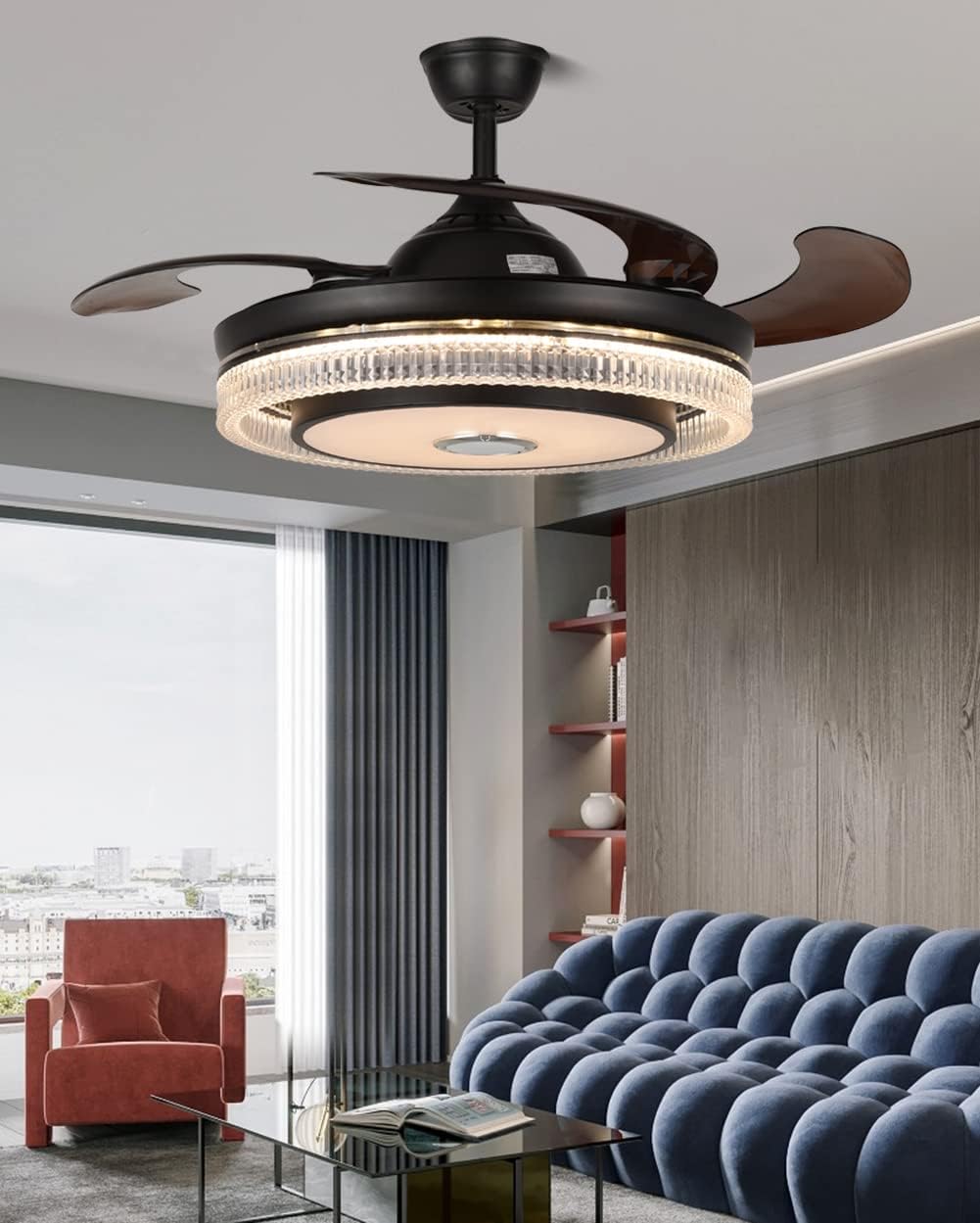 Fandian 42' Smart Ceiling Fan with Lights Bluetooth Speaker Chandelier, Modern Black Fandeliers with APP RGB Dimmable Colors, Reversible 6-Speed Lighting Fixtures for Living Bedroom
