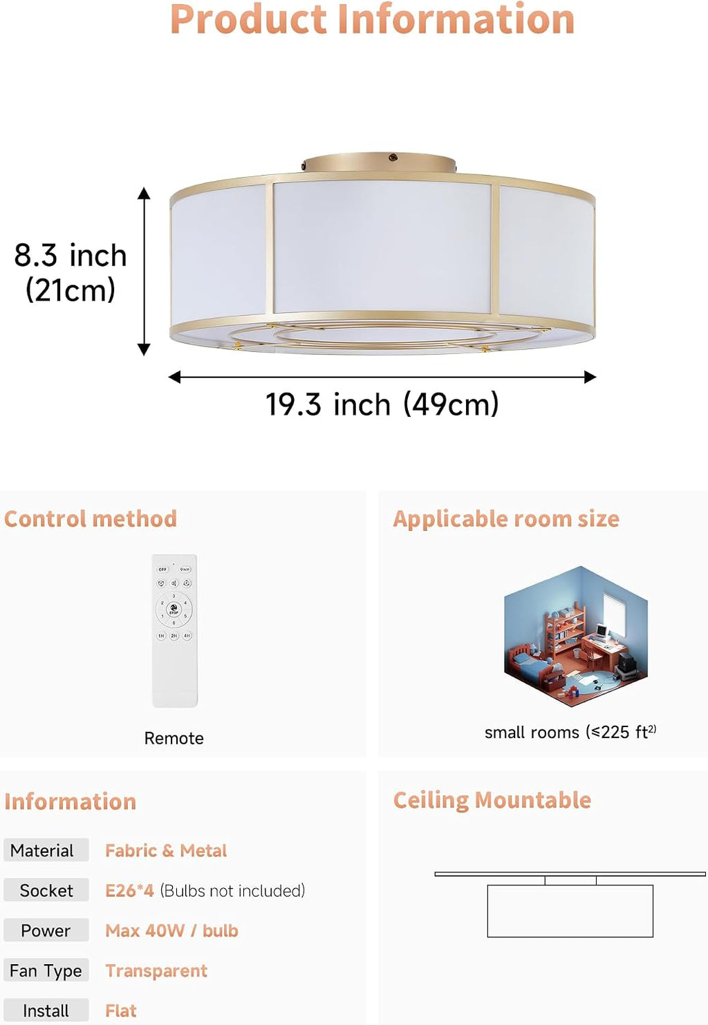 Low Profile Ceiling Fans with Lights, 20' Flush Mount Ceiling Fan with Light, Gold and White Boho Bladeless with 6 Speeds Remote Control for Bedroom, Nursery, Living Room