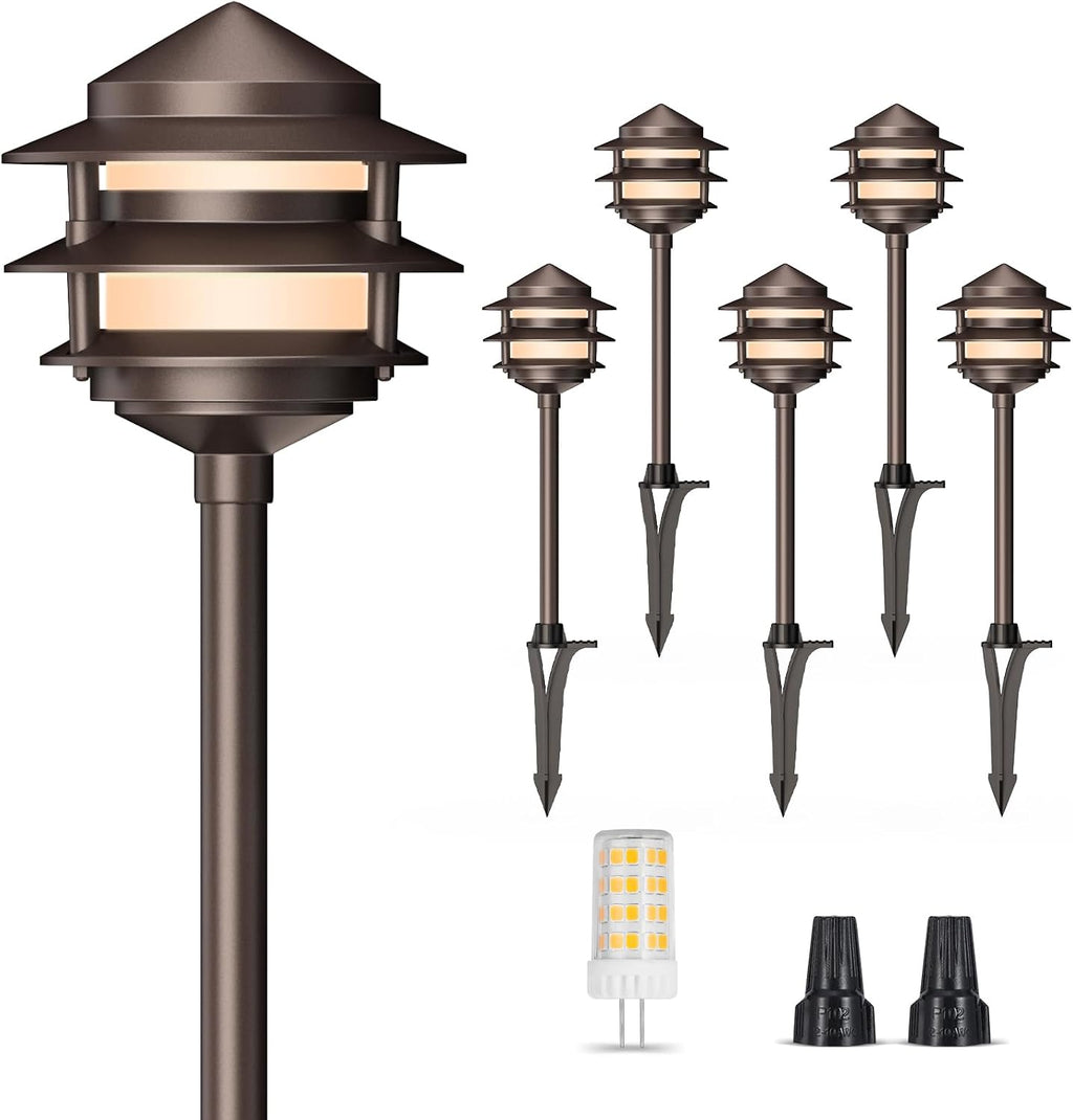 Gardencoin Pagoda Low Voltage Landscape Pathway Lights, 12V Outdoor LED Path Lights Wired, Aluminum Walkway Lighting with 4W 2700K Replaceable G4 Bulb, Bronze Classic 3-Tier Lantern, 6 Pack
