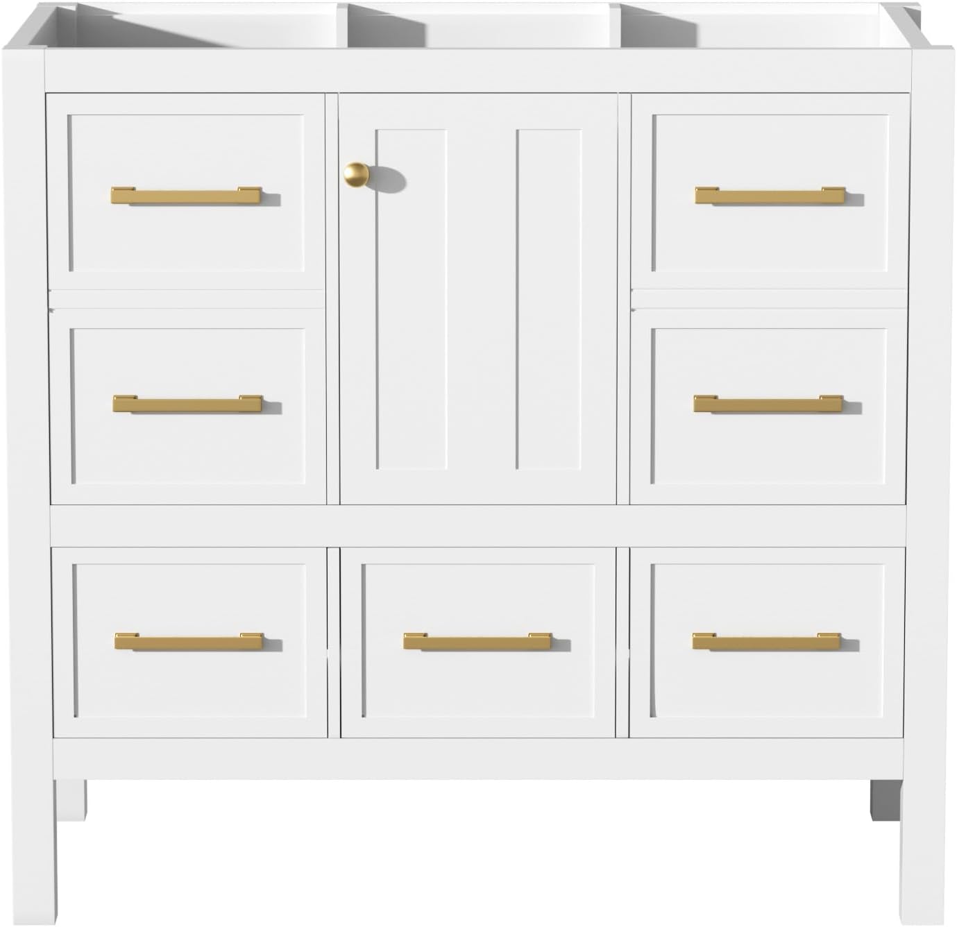 Merax 36 Inch White Bathroom Vanity Without Sink Top,Freestanding Bathroom Vanity Base Cabinet Only,with 5 Drawers,Soft Closing Door & Gold Handles,Solid Wood Frame(Basin Not Included),1 Package
