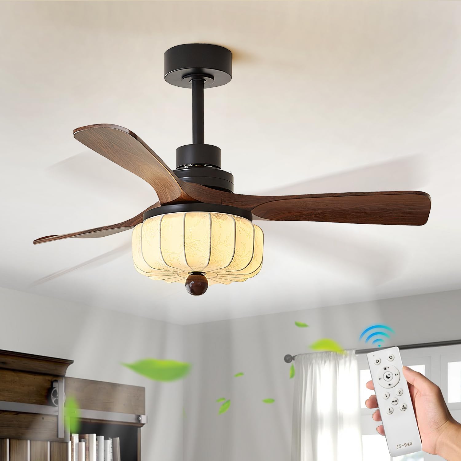 Large Japanese Silk Fabric Ceiling Light Wabi Sabi Round Ceiling Fan with Light Fandelier Ceiling Fan Light with Remote Control 6 Speed Reversible Vintage Flush Mount LED Ceiling Fans Lights