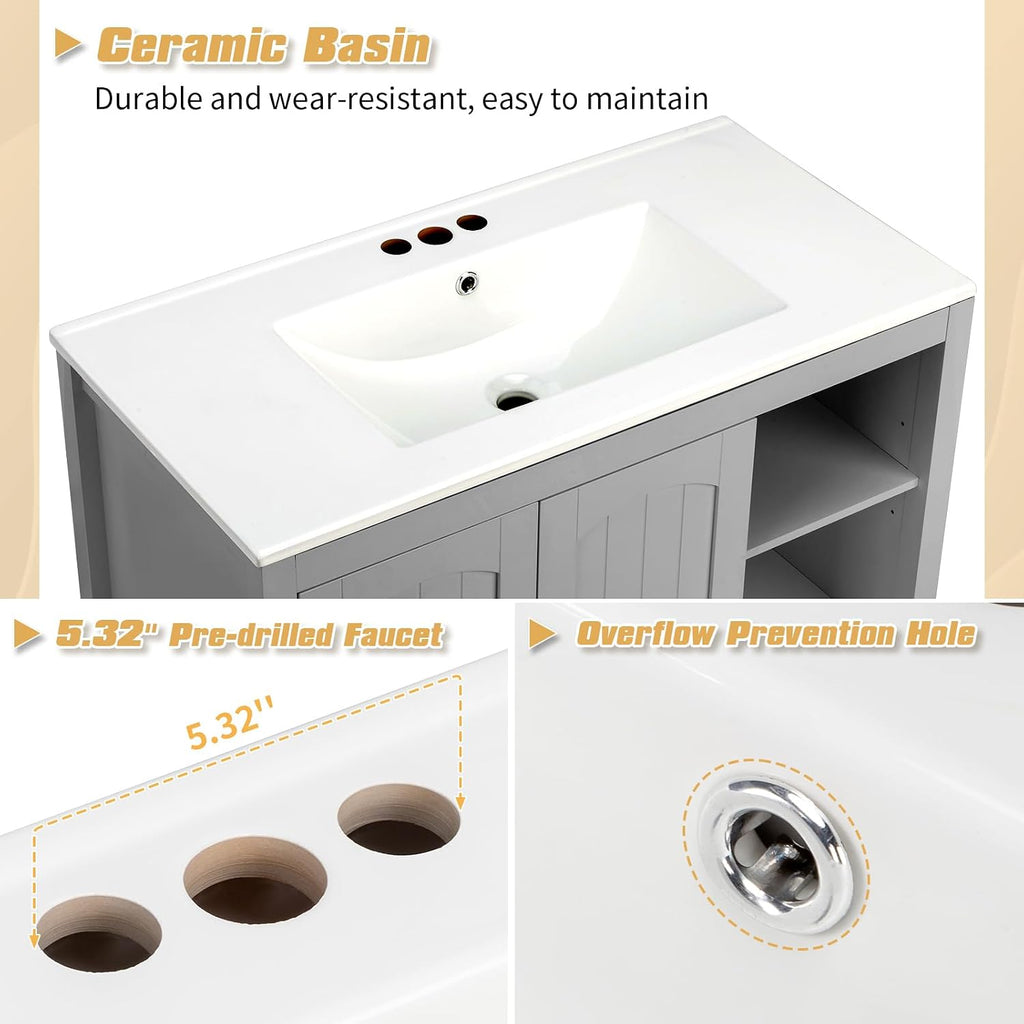 VINGLI 36 In Vanity Top Sink, 3 Pre-Drilled Standard 1 3/8' Faucet Holes,1 3/4' Diameter of Center Hole,Modern Rectangular Ceramic Single Sink Basin Vanity Top, 36' W x 18 1/3' D x 7' H,White