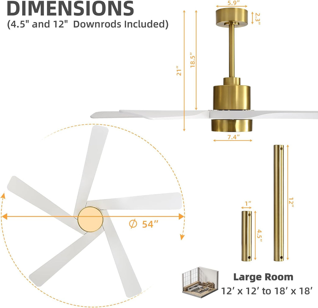 WINGBO 54' ABS DC Ceiling Fan with Lights, 5 Blade ABS Plastic Ceiling Fan with Remote, 6-Speed Reversible DC Motor, LED Ceiling Fans for Kitchen Bedroom Living Room, Brass and White