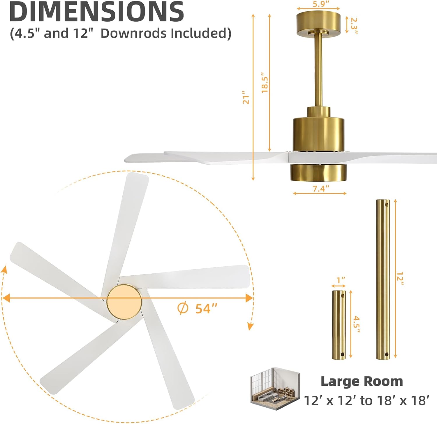WINGBO 54' ABS DC Ceiling Fan with Lights, 5 Blade ABS Plastic Ceiling Fan with Remote, 6-Speed Reversible DC Motor, LED Ceiling Fans for Kitchen Bedroom Living Room, Brass and White