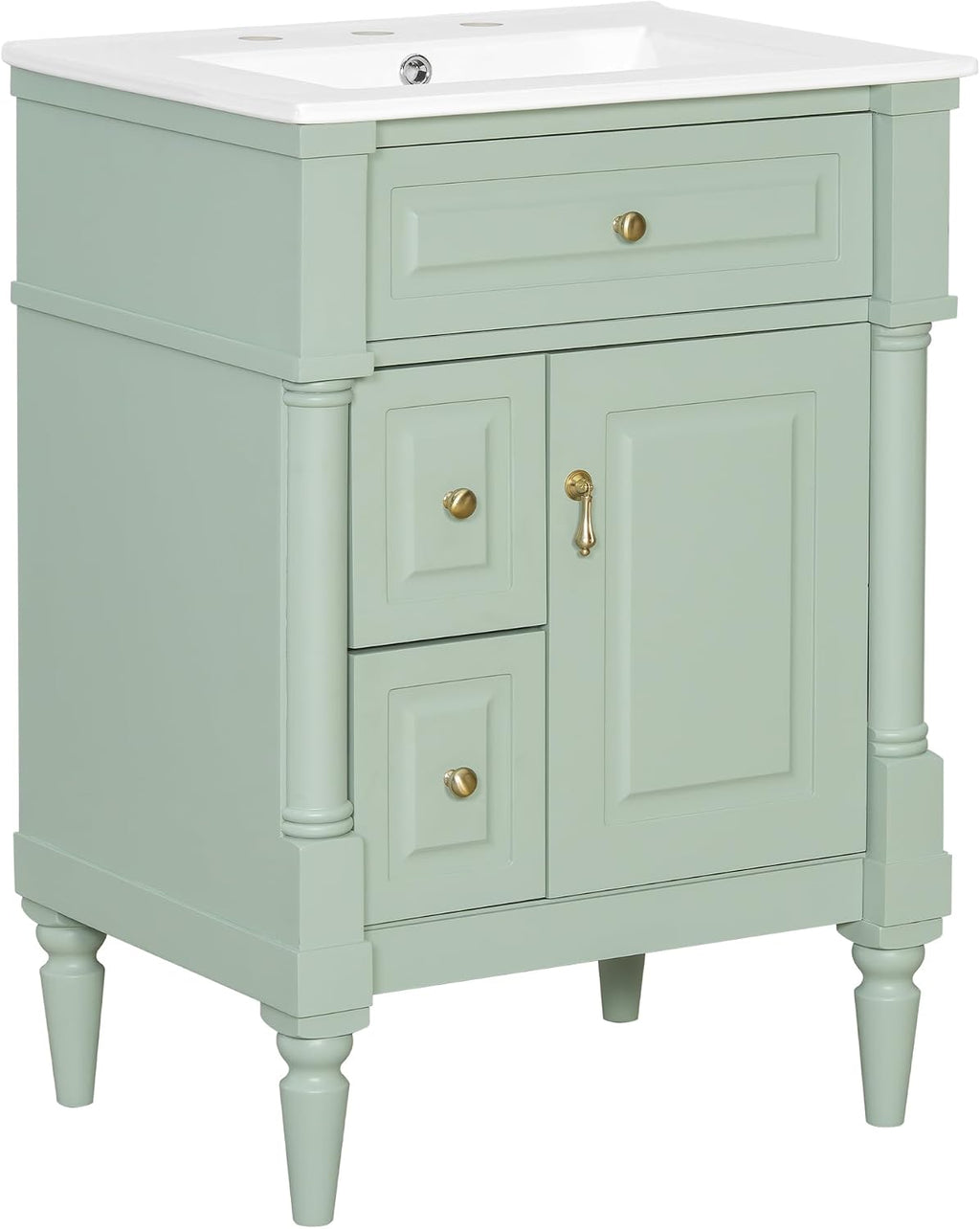 24 Inch Bathroom Vanity with Ceramic Sink Top, Cabinet with Tip-Out Drawer and Door Storage, Solid Wood Roman Legs, Adjustable Shelf, Green