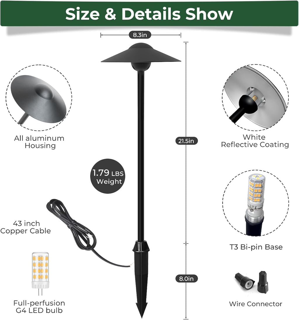 Gardencoin Low Voltage Pathway Lights (8.5'' Shade, 21.5'' Tall)，12V Outdoor LED Landscape Path Lights Wired, Aluminum Pathway Lighting with 3W 2700K Replaceable Bulb for Walkway Garden Yard, 6 Pack