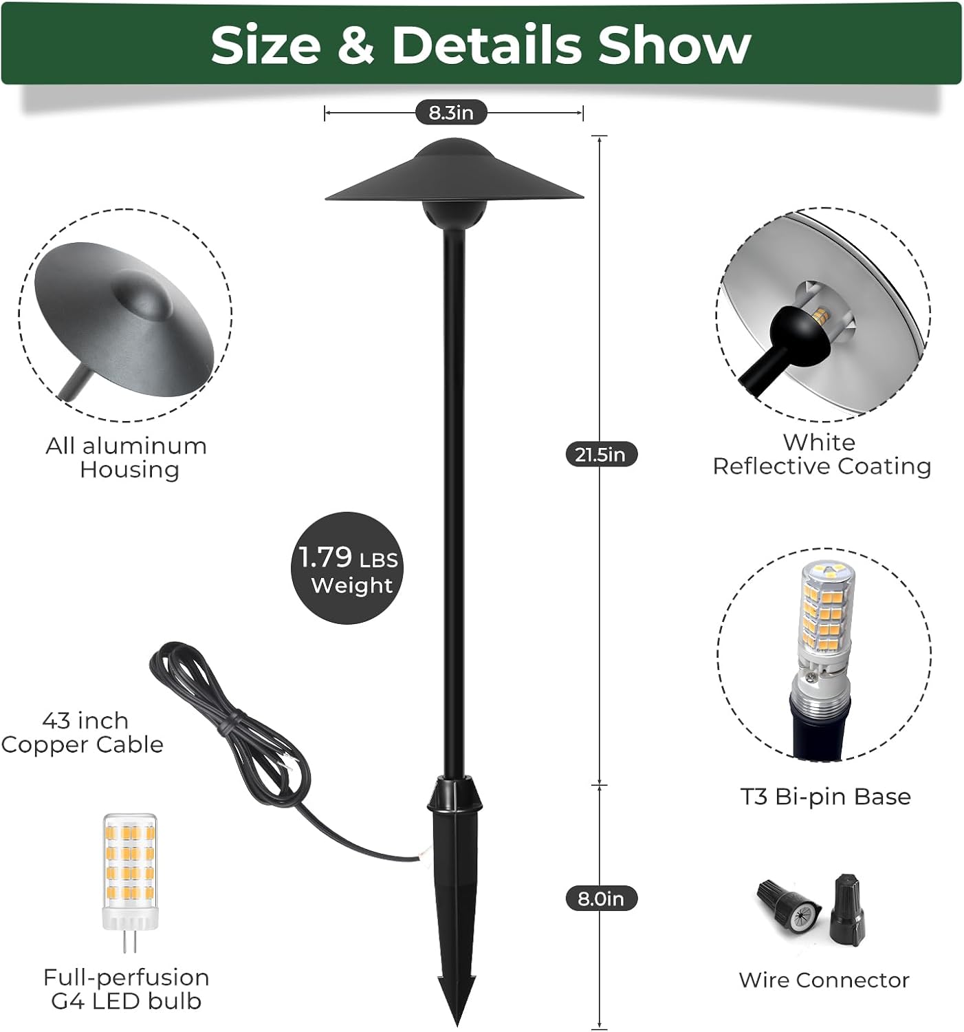 Gardencoin Low Voltage Pathway Lights (8.5'' Shade, 21.5'' Tall)，12V Outdoor LED Landscape Path Lights Wired, Aluminum Pathway Lighting with 3W 2700K Replaceable Bulb for Walkway Garden Yard, 6 Pack