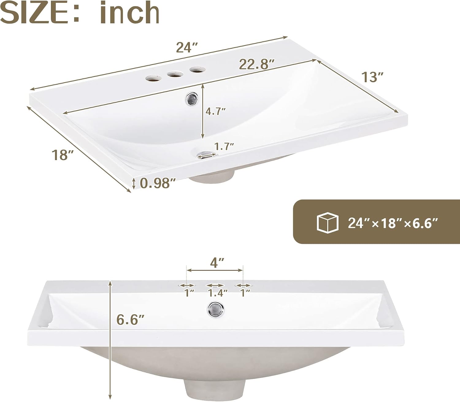 24'x18' Bathroom Vanity Sink Top Only, Center-Located Undermount/Drop-in Countertop, Fit for 4' Cenerset Faucet (Not Included), White
