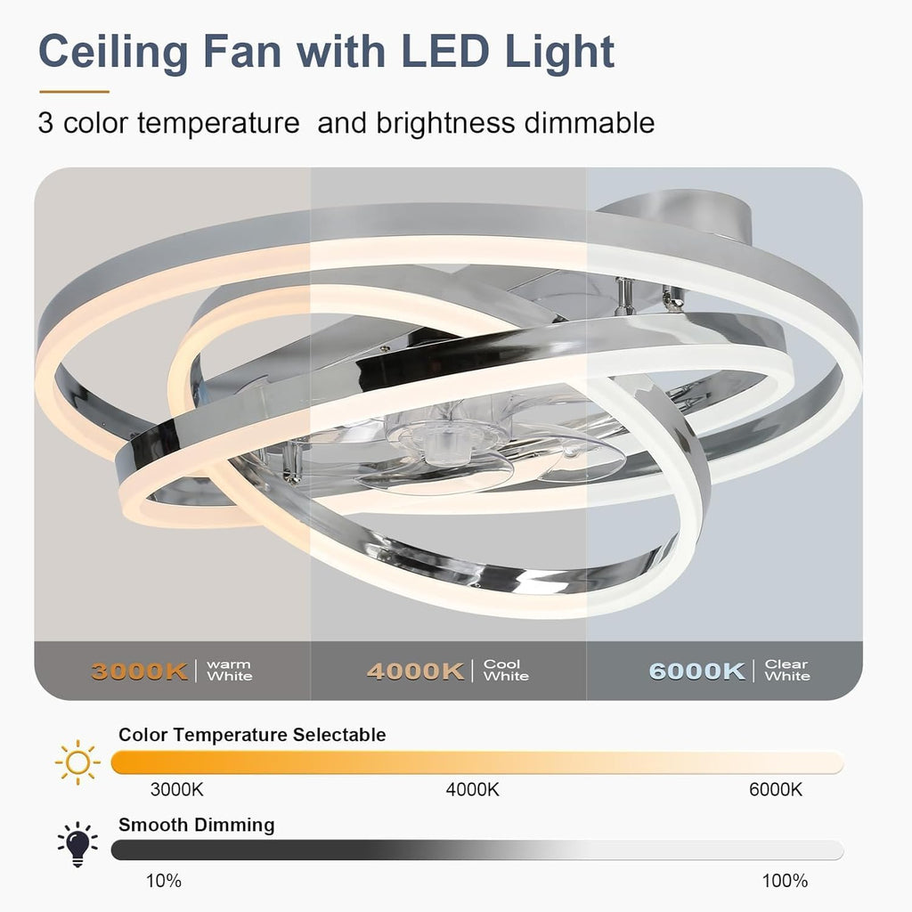 24 Inch Modern Ceiling Fan with Light, Fandelier Ceiling Fan with Light 6 Speed Dimmable Ceiling Fans with Lights and Remote and App Control for Bedroom (SILVER)