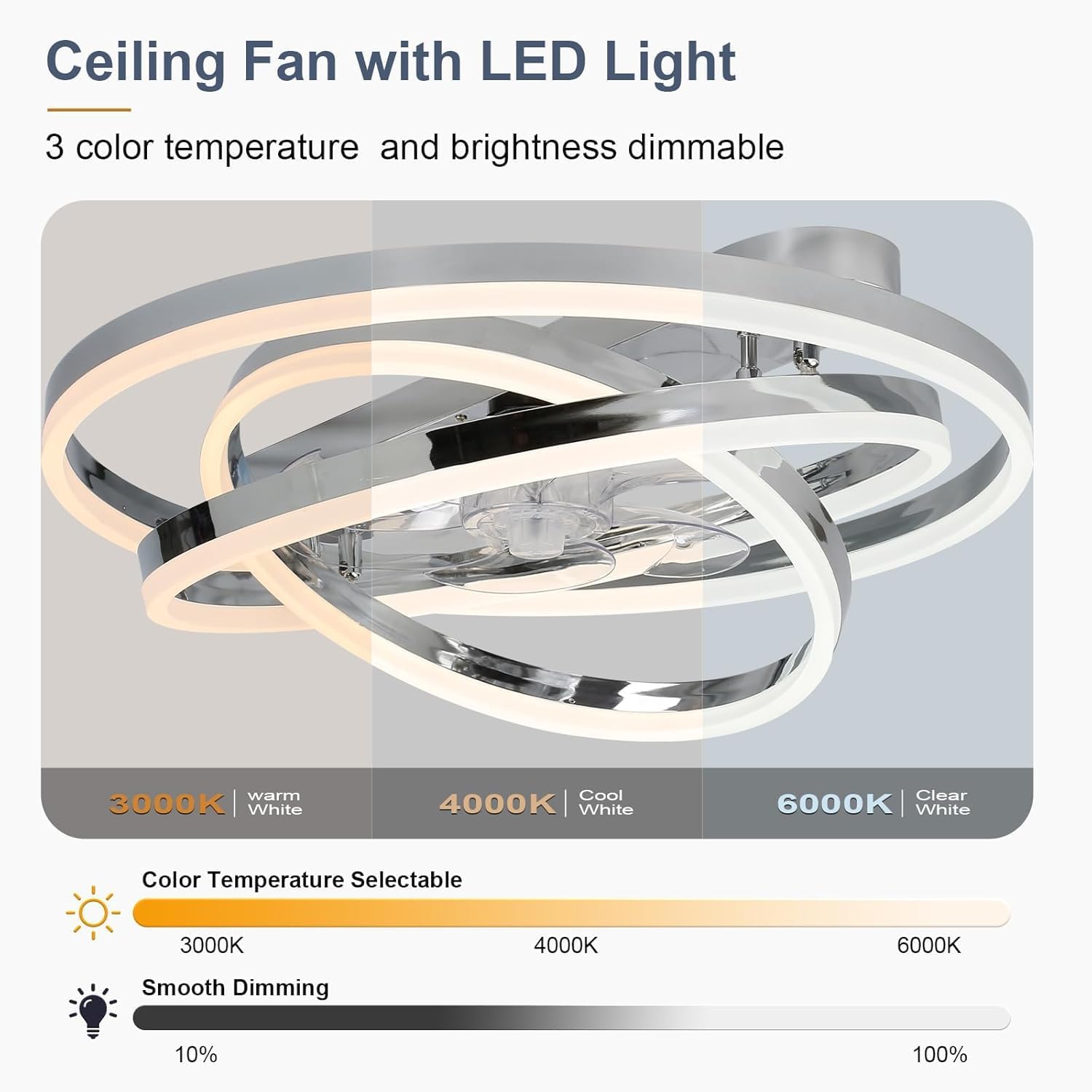 24 Inch Modern Ceiling Fan with Light, Fandelier Ceiling Fan with Light 6 Speed Dimmable Ceiling Fans with Lights and Remote and App Control for Bedroom (SILVER)
