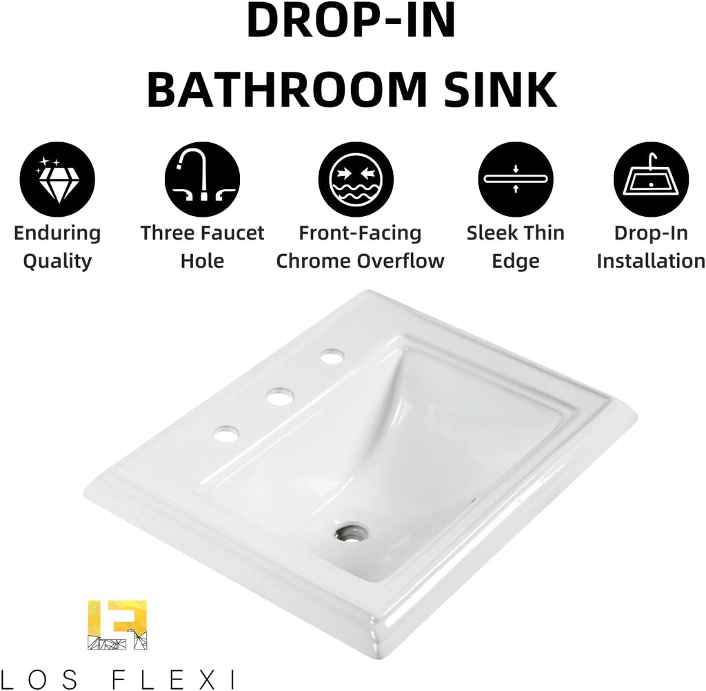 23'W x 18'D Drop In Bathroom Sink Rectangle With 3 Holes for 8' Widespread Faucet, Los Flexi 23 Inch White Ceramic Vanity Top with Front Overflow, Vintage Top Mount Sink for Bathroom Countertops