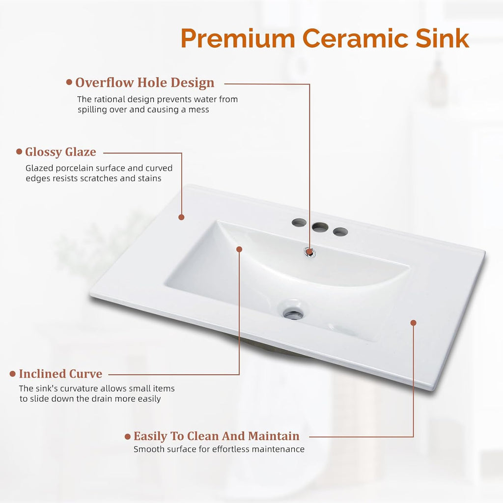 VINGLI 36 In Vanity Top Sink, 3 Pre-Drilled Standard 1 3/8' Faucet Holes,1 3/4' Diameter of Center Hole,Modern Rectangular Ceramic Single Sink Basin Vanity Top, 36' W x 18 1/3' D x 7' H,White