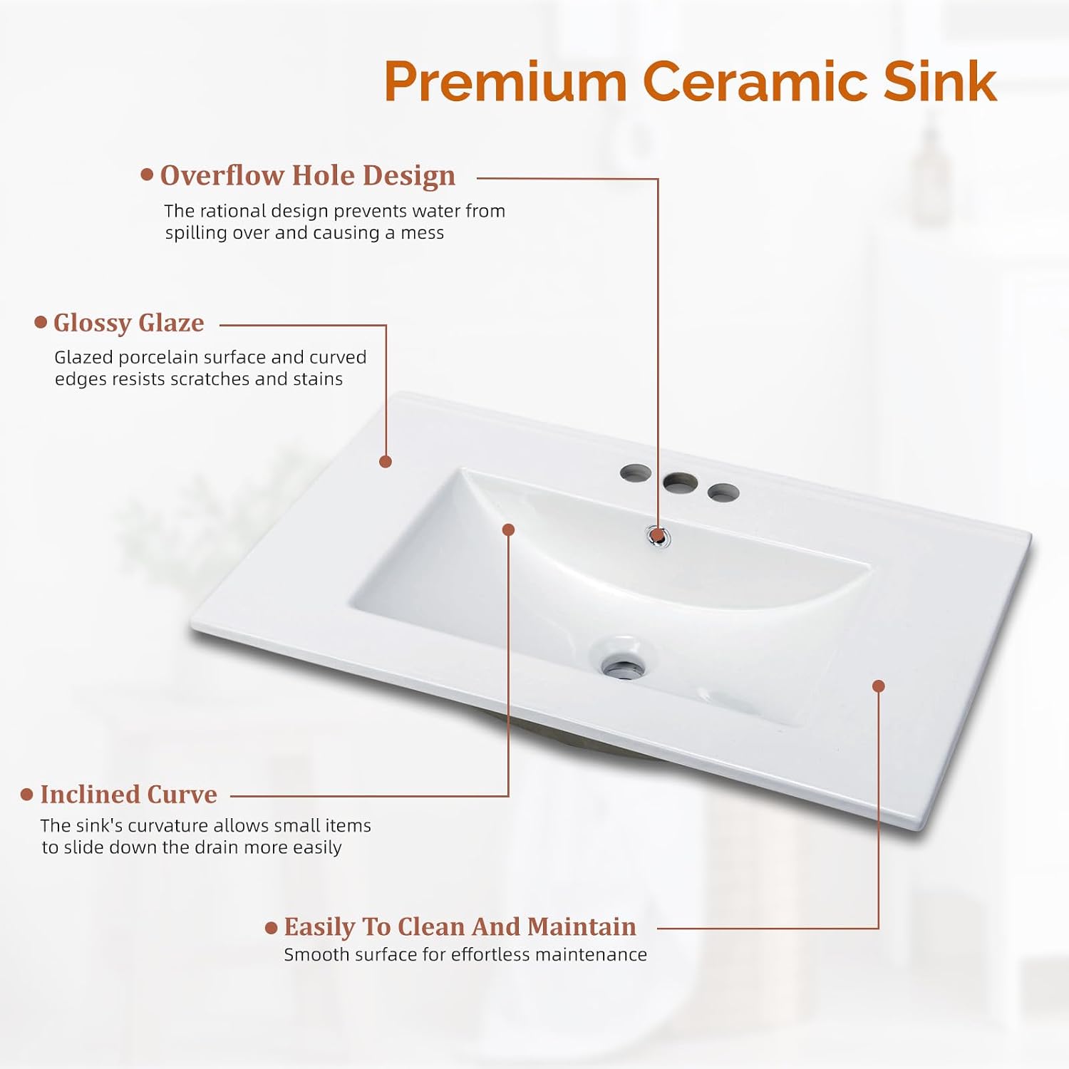 VINGLI 36 In Vanity Top Sink, 3 Pre-Drilled Standard 1 3/8' Faucet Holes,1 3/4' Diameter of Center Hole,Modern Rectangular Ceramic Single Sink Basin Vanity Top, 36' W x 18 1/3' D x 7' H,White