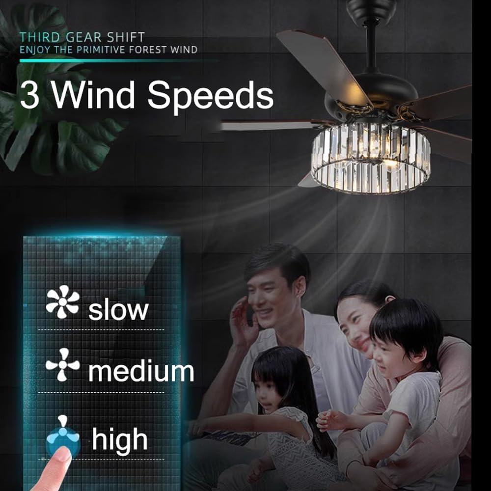 Black Crystal Fandelier Ceiling Fan with Light Living Room Ceiling Fan 52' with Light Remote 5 Blade Industrial Farmhouse Rustic Fan Chandelier for Bedroom Dining Table, Reversible Fan
