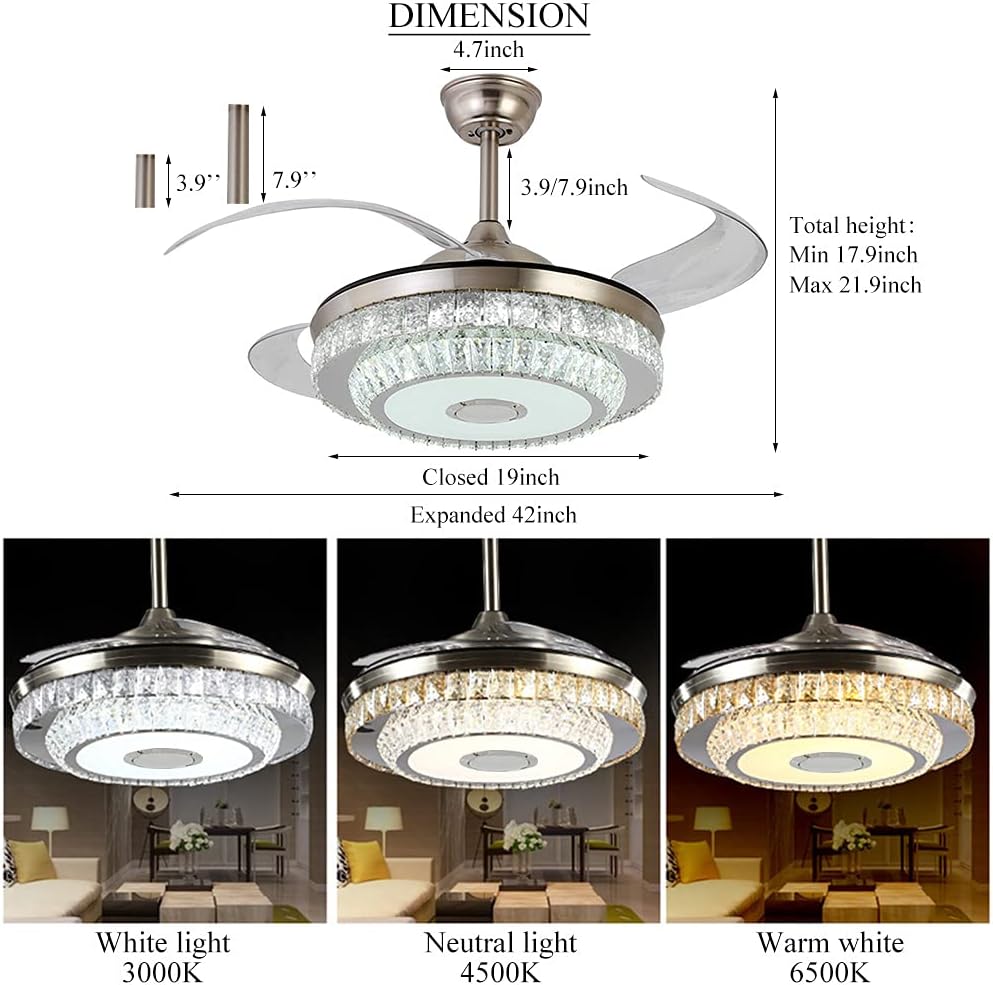 42'' Fandelier Crystal Ceiling Fan with Light, 3 Speeds Changes 7 Colors Dimmable Fandelier Bluetooth Speaker Music Ceiling Fans Modern 2 Layers Crystal Light Fixture for Bedroom,Living Room