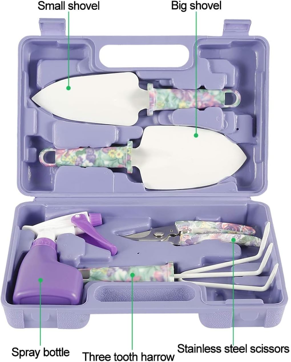 Garden Tools Set, 5 Pieces Gardening Tools with Purple Floral Print, Garden Hand Tools with Carrying Case & Ergonomic Handle