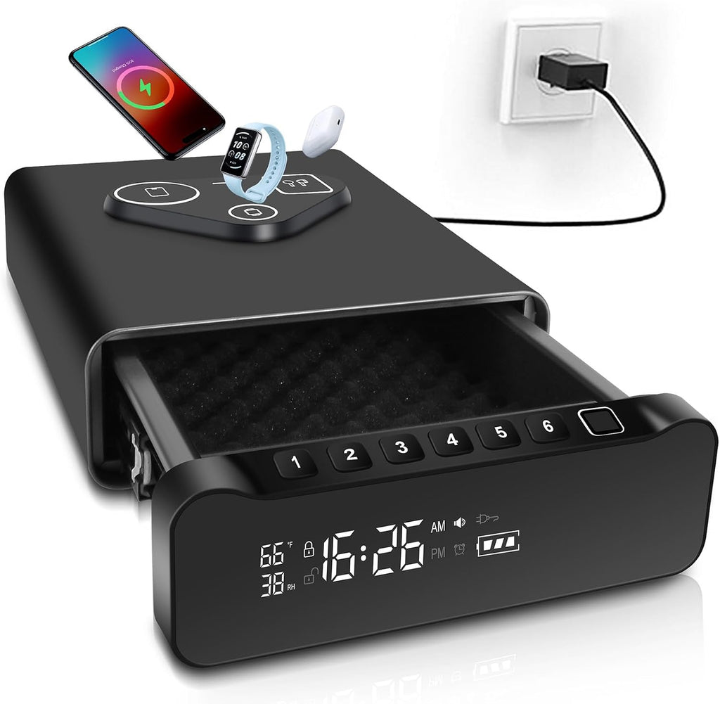 Fingerprint Biometric Gun Safe, Clock Handgun Safe with 3-in-1 Watch & Phone Wireless Charging, Drawer Lock for Hand guns, Cash, Valuables- with Humidity |Temperature| Alarm Clock| Time