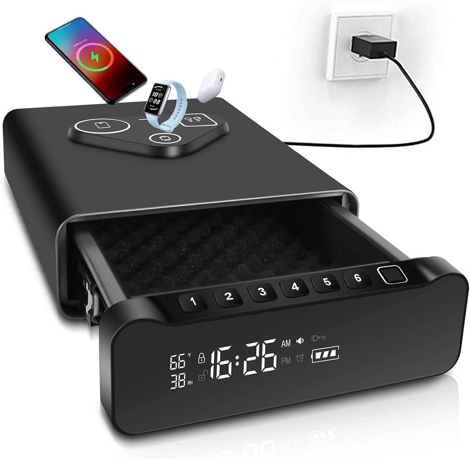 Fingerprint Biometric Gun Safe, Clock Handgun Safe with 3-in-1 Watch & Phone Wireless Charging, Drawer Lock for Hand guns, Cash, Valuables- with Humidity |Temperature| Alarm Clock| Time