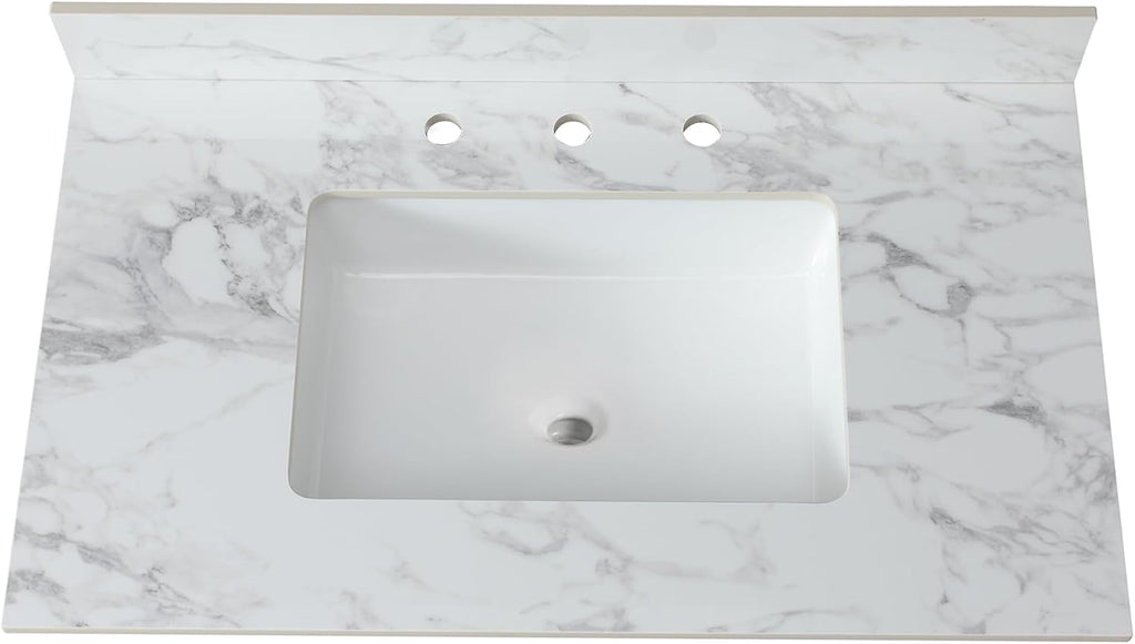 37x22 Marble Bathroom Vanity Top with Sink, Vanity Top with Sink with Pre-drilled Holes and 4' Backsplash, Perfect for Home & Rental Properties