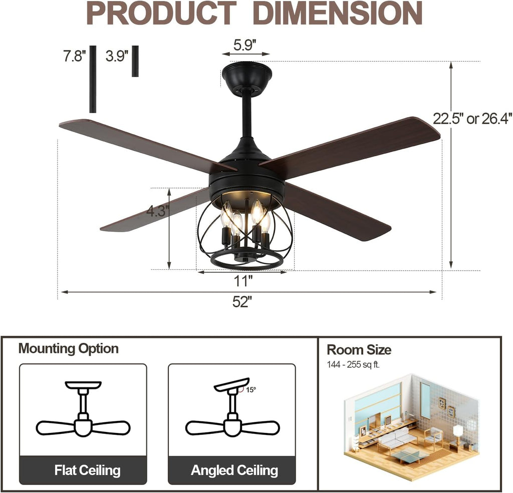 52 Inch Farmhouse Ceiling Fan with Light and Remote Industrial Ceiling Fan Quiet and Reversible DC Motor Rustic Caged Chandelier Fan for Living Room Bedroom Patio