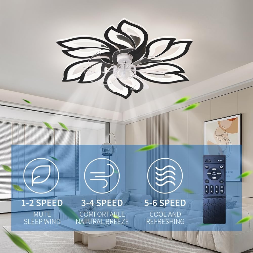 Flower Ceiling Fan Light Fixtures - Fandelier Ceiling Fan with Light & Remote, Modern Ceiling Fan with LED for Bedroom, Kitchen & Living Room | Unique Design (Black + Acrylic + Modern)