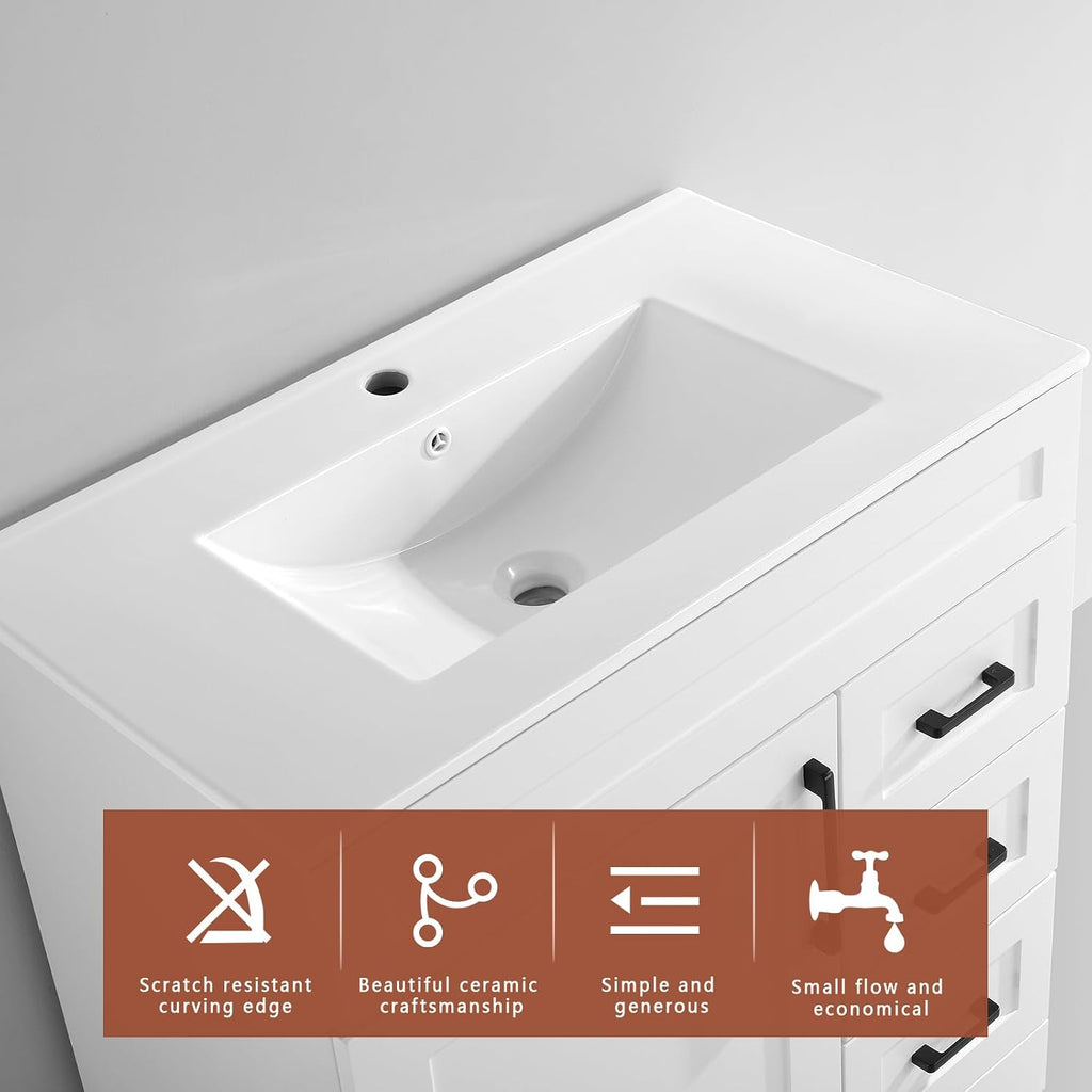 30' White Bathroom Vanity with Integrated Sink Top | Plywood Construction, Soft-Close Doors &Drawers
