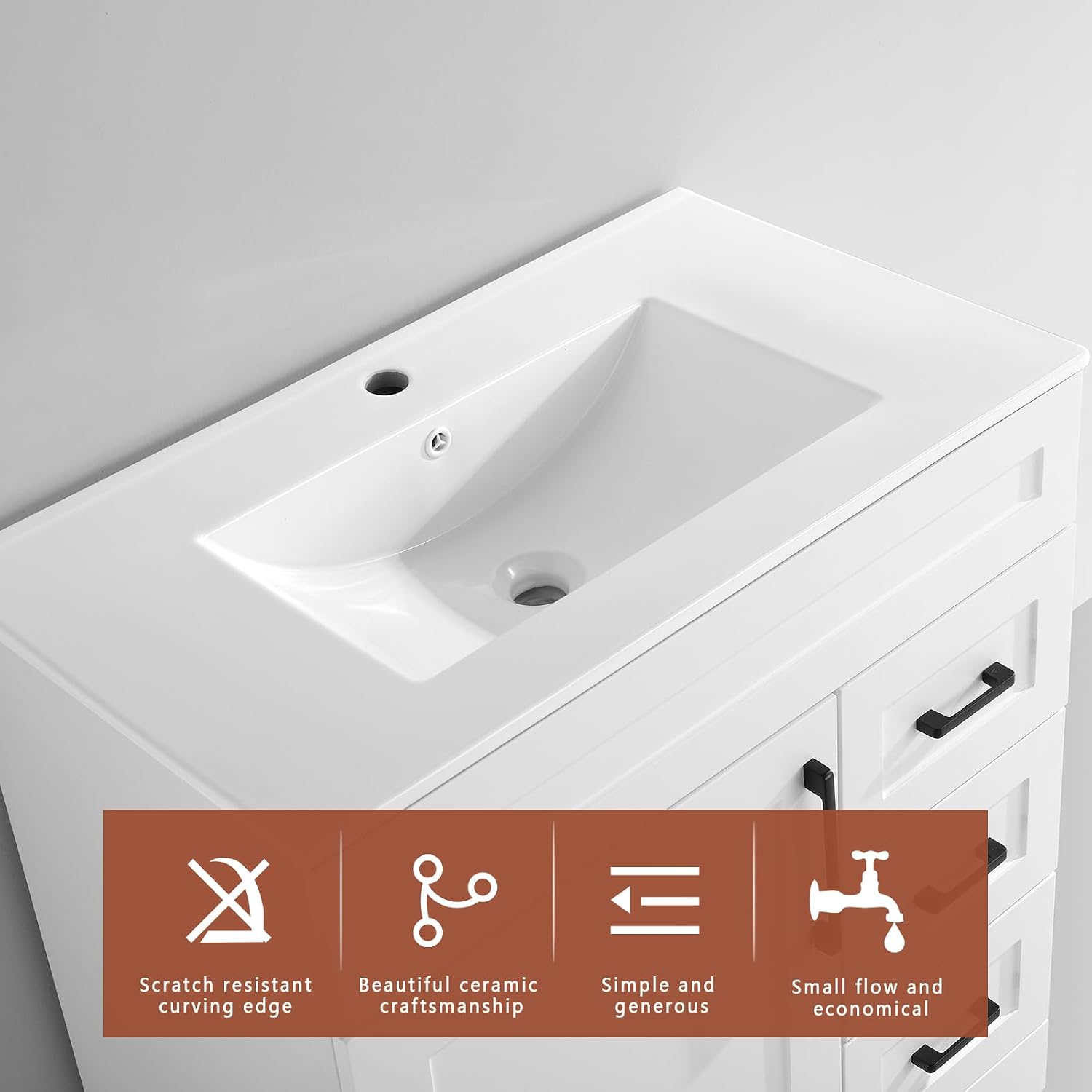 30' White Bathroom Vanity with Integrated Sink Top | Plywood Construction, Soft-Close Doors &Drawers