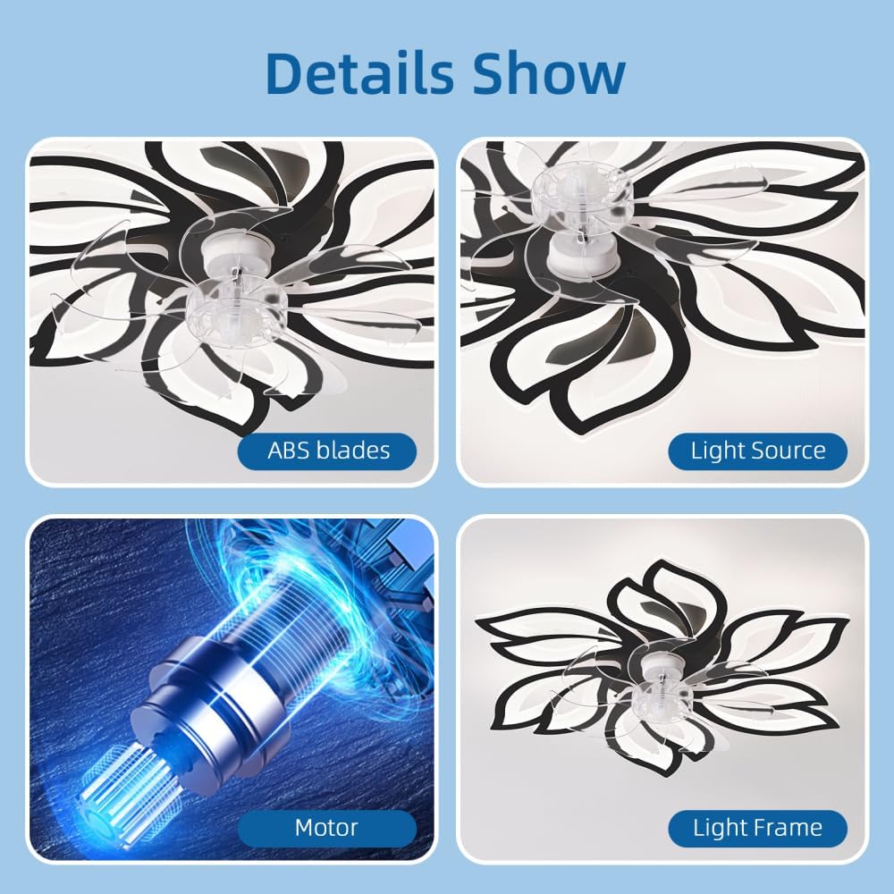 Flower Ceiling Fan Light Fixtures - Fandelier Ceiling Fan with Light & Remote, Modern Ceiling Fan with LED for Bedroom, Kitchen & Living Room | Unique Design (Black + Acrylic + Modern)