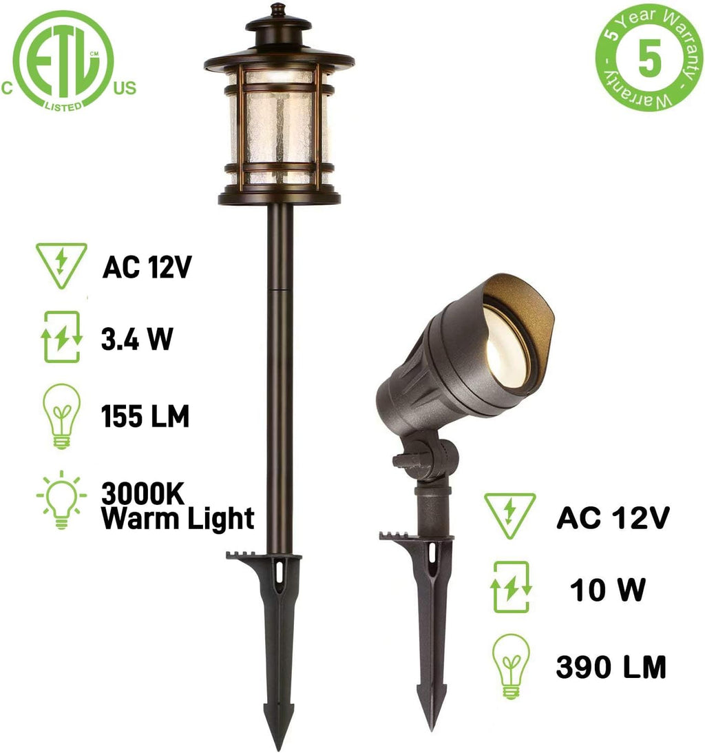 hykolity 8 Pack Low Voltage LED Landscape Kits, 12V-15V Pathway Flood Light Kits, 10W 390LM and 3.4W 155LM Wired for Outdoor Yard Lawn, Die-cast Aluminum, 50W and 30W Equivalent