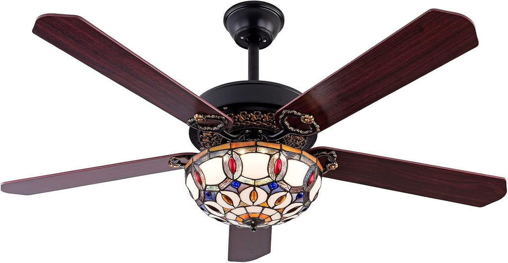 Tiffany-Style Stained Glass Ceiling Fan with Lights,52 Inch Chandelier Fan Light with 5 Reversible Wood Blades 3 Color/3 Speed Indoor Ceiling Fan with Remote Control,for Dining Living Room