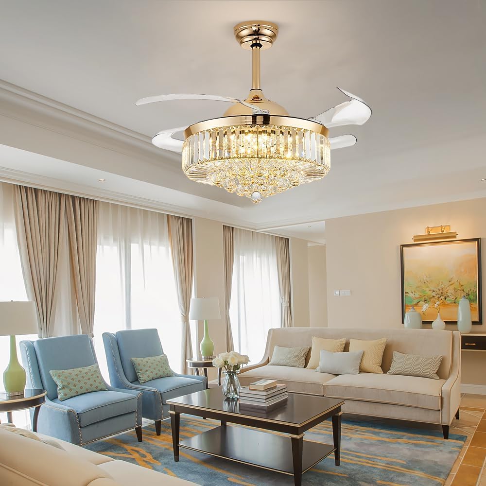 48 Inch Fandelier Ceiling Fan with Light, Chandelier Ceiling Fan for Bedroom Living Room, LED Dimmable, 6-Speed Reversible Motor, Timer & Memory Function-Gold