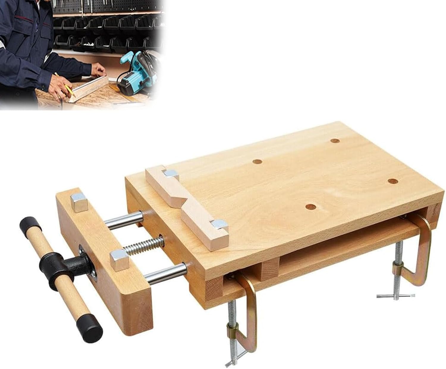 Portable Wood Vise Workbench Adjustable Work Table with 2 G-Clamps & 4 Limit Blocks for DIY Woodworking, Home Repairs, and Craft Projects