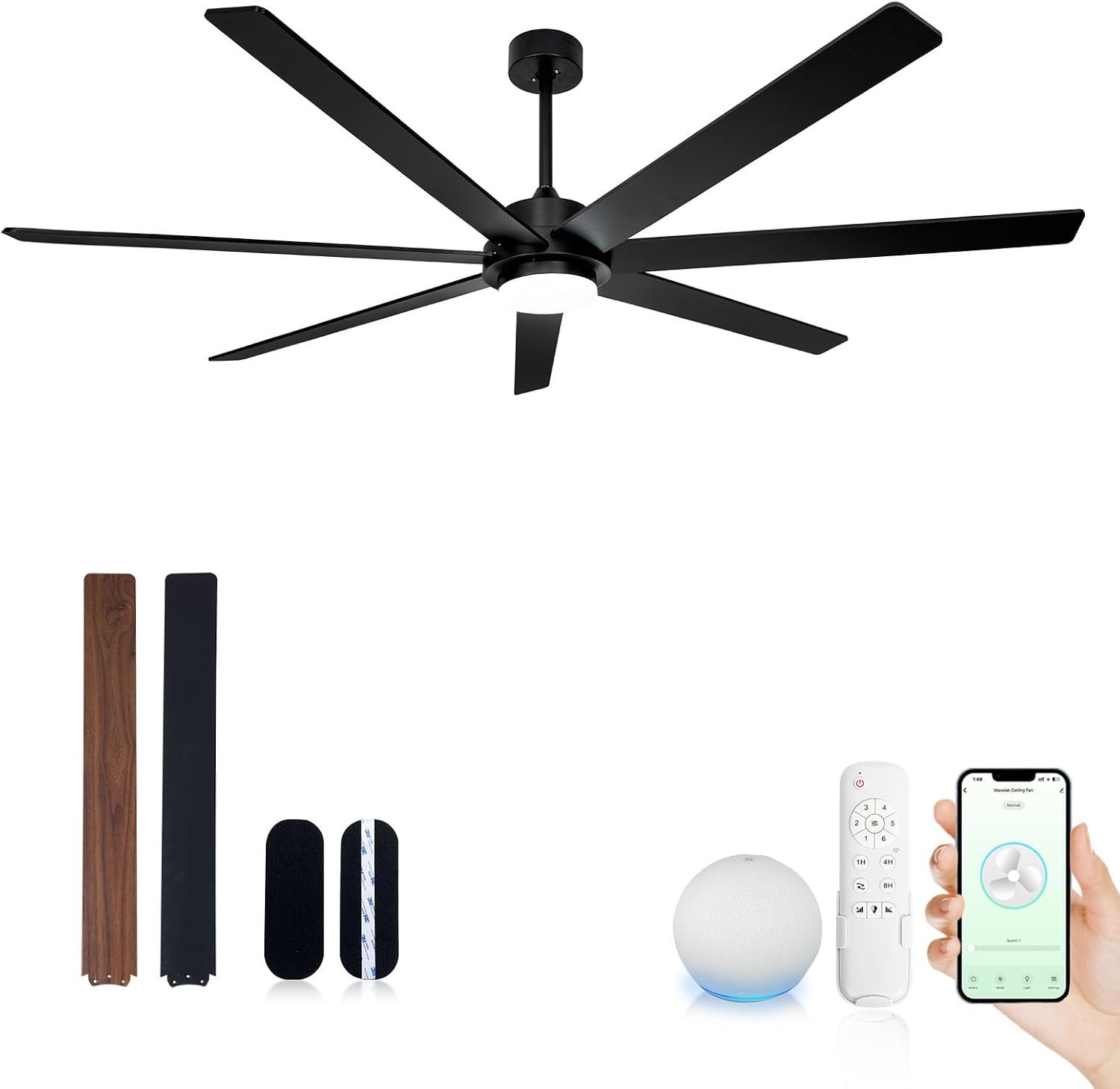 Minislak 72 Inch Black Smart Ceiling Fan with Light and Remote via WIFI Alexa APP Control,6 Speed Quiet DC Motor,Dimmable,Indoor Outdoor Ceiling Fans for Patios or Bedroom