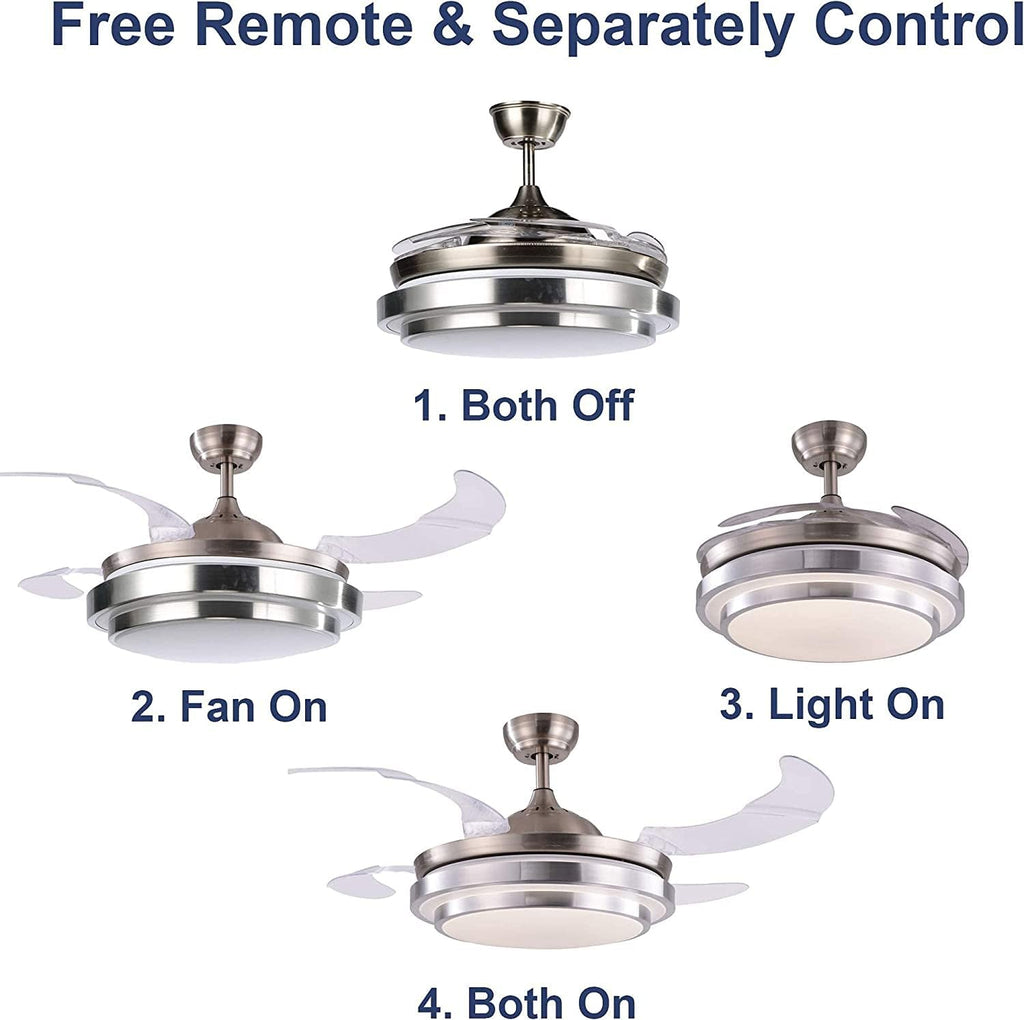 N/A 36inch Retractable Ceiling Fan with Lights，LED Modern Ceiling Fan with Remote Control, Retractable Blades, 3 Color Dimmable for Bedroom/Living Room/Dining Room Nickel 36 Inch
