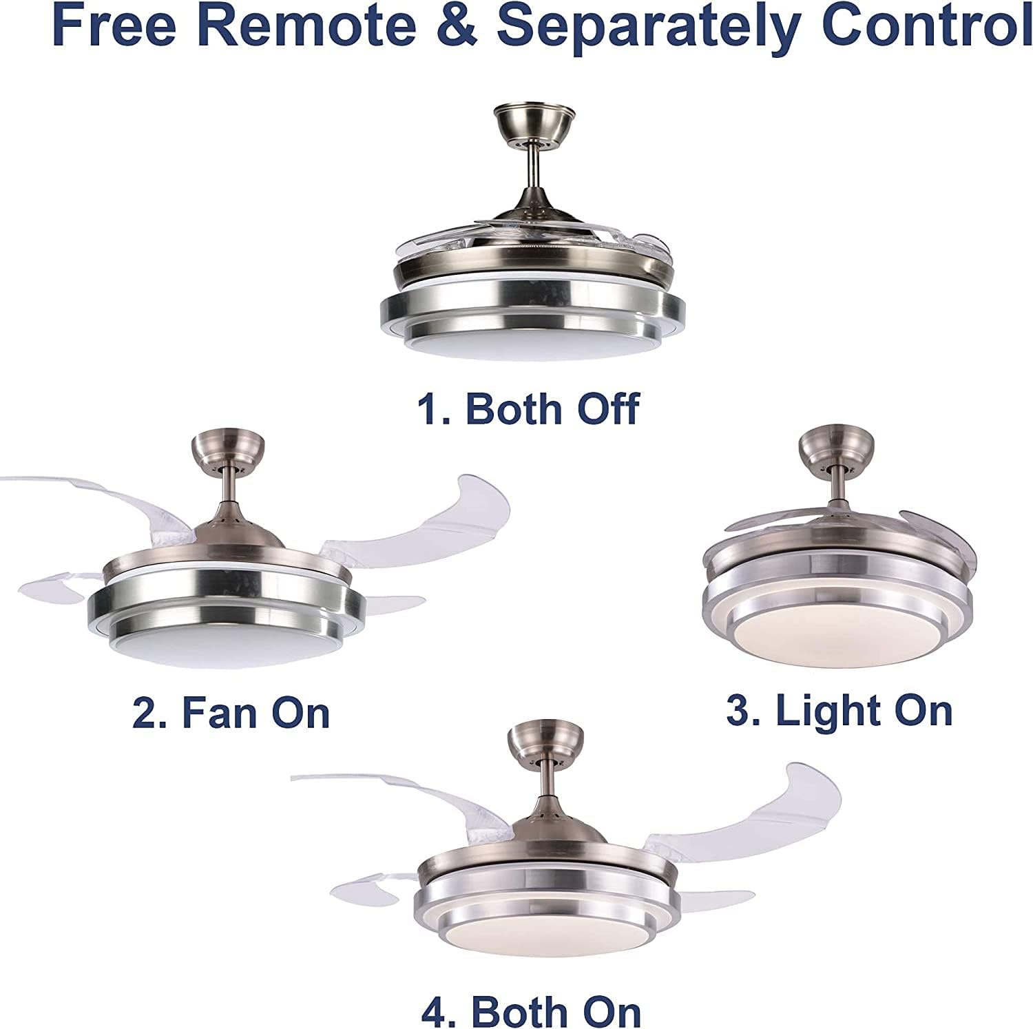 N/A 36inch Retractable Ceiling Fan with Lights，LED Modern Ceiling Fan with Remote Control, Retractable Blades, 3 Color Dimmable for Bedroom/Living Room/Dining Room Nickel 36 Inch