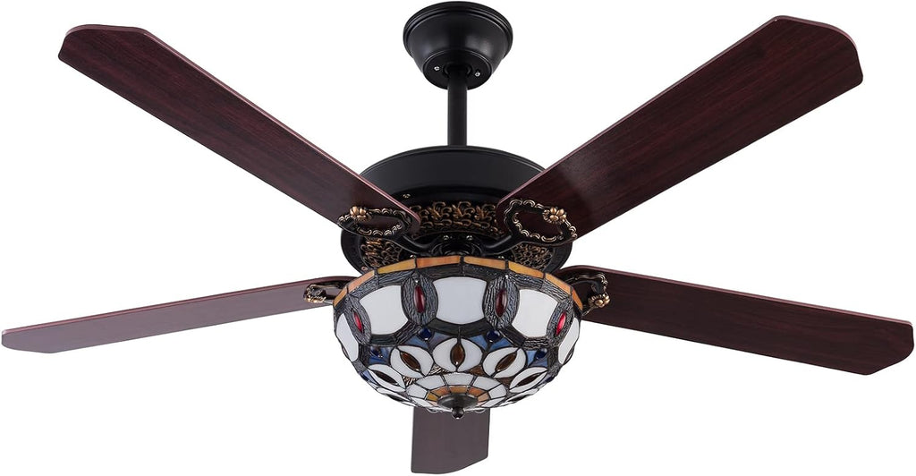 Tiffany-Style Stained Glass Ceiling Fan with Lights,52 Inch Chandelier Fan Light with 5 Reversible Wood Blades 3 Color/3 Speed Indoor Ceiling Fan with Remote Control,for Dining Living Room