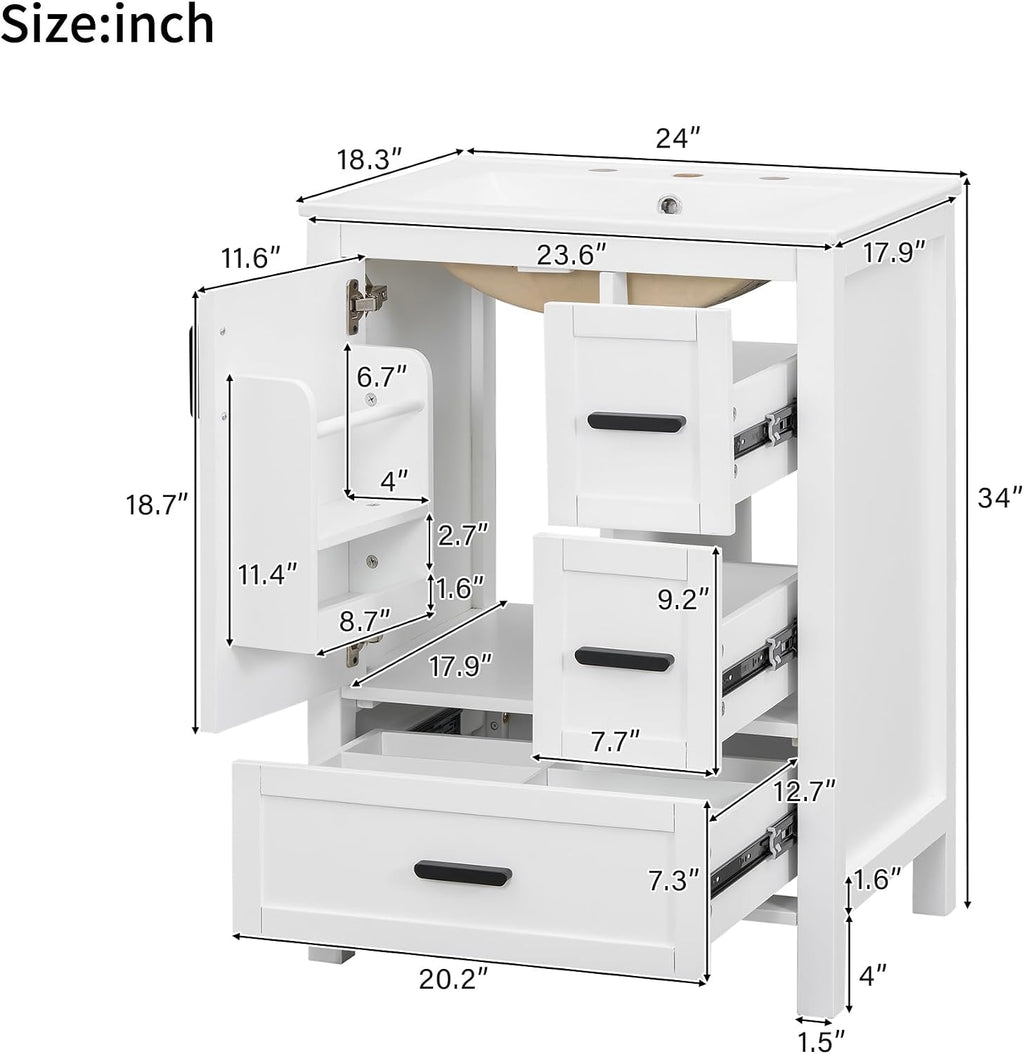 24' Bathroom Vanity with Sink, Harper & Bright Designs Free Standing Single Vanity Set with 3 Drawers and One Door with Storage Racks, Solid Wood Storage Cabinet with Ceramic Basin for Bathroom, White