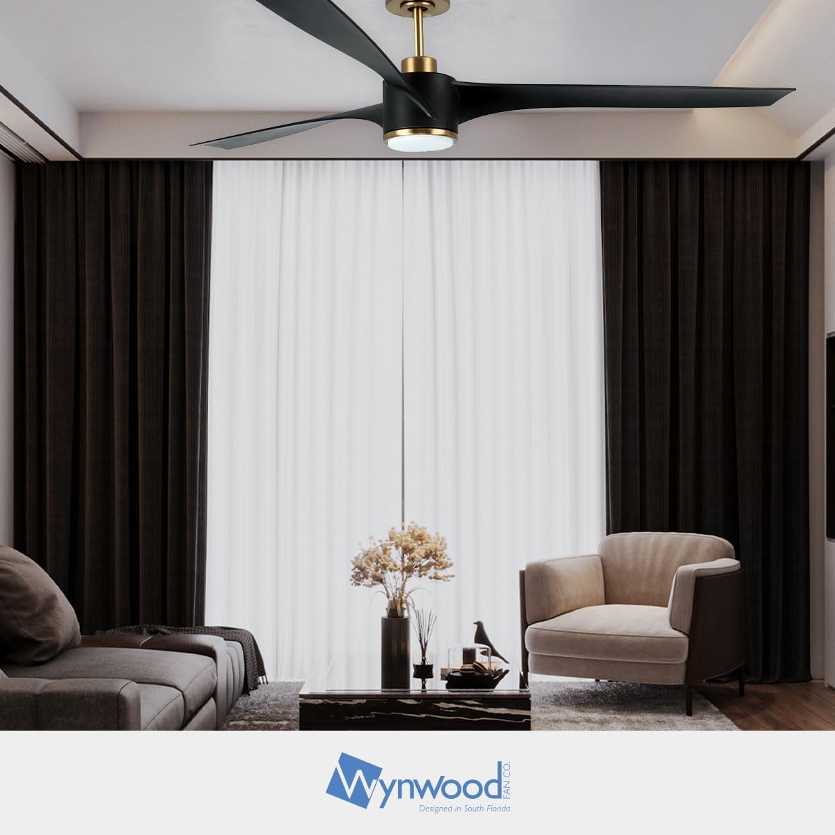 Wynwood QL2314BK 60-Inch Matte Black Edgewater Ceiling Fans with Lights, DC Motor, 6-Speed Remote Control, 3-CCT Dimmable LED, Reversible Airflow, ABS Blades, Downrod Mount, Indoor Ceiling Fan